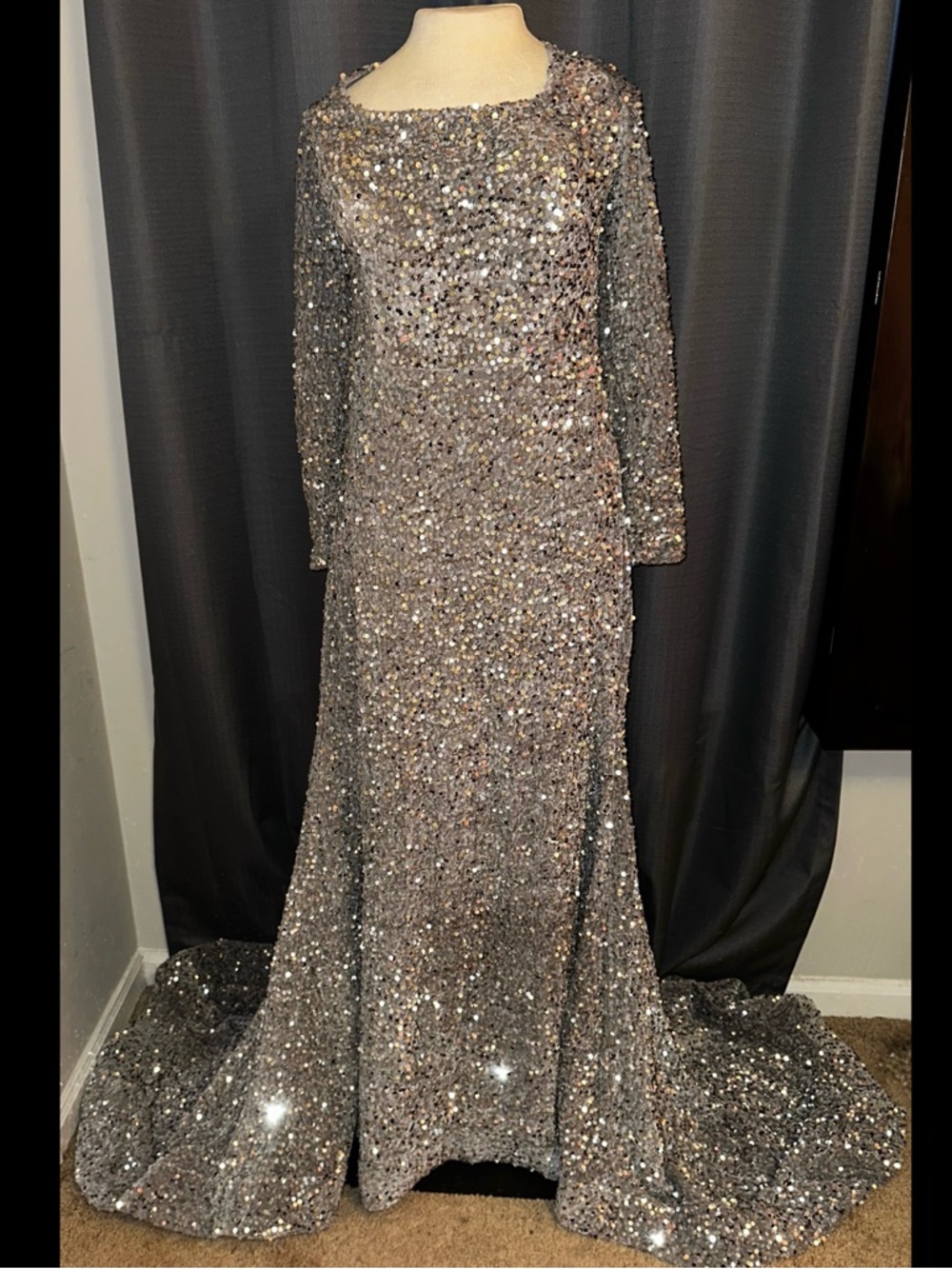 ‘Wear Your Love’ Silver Sequins Grey Crushed Velvet Maxi Dress Gown XXL NWOT